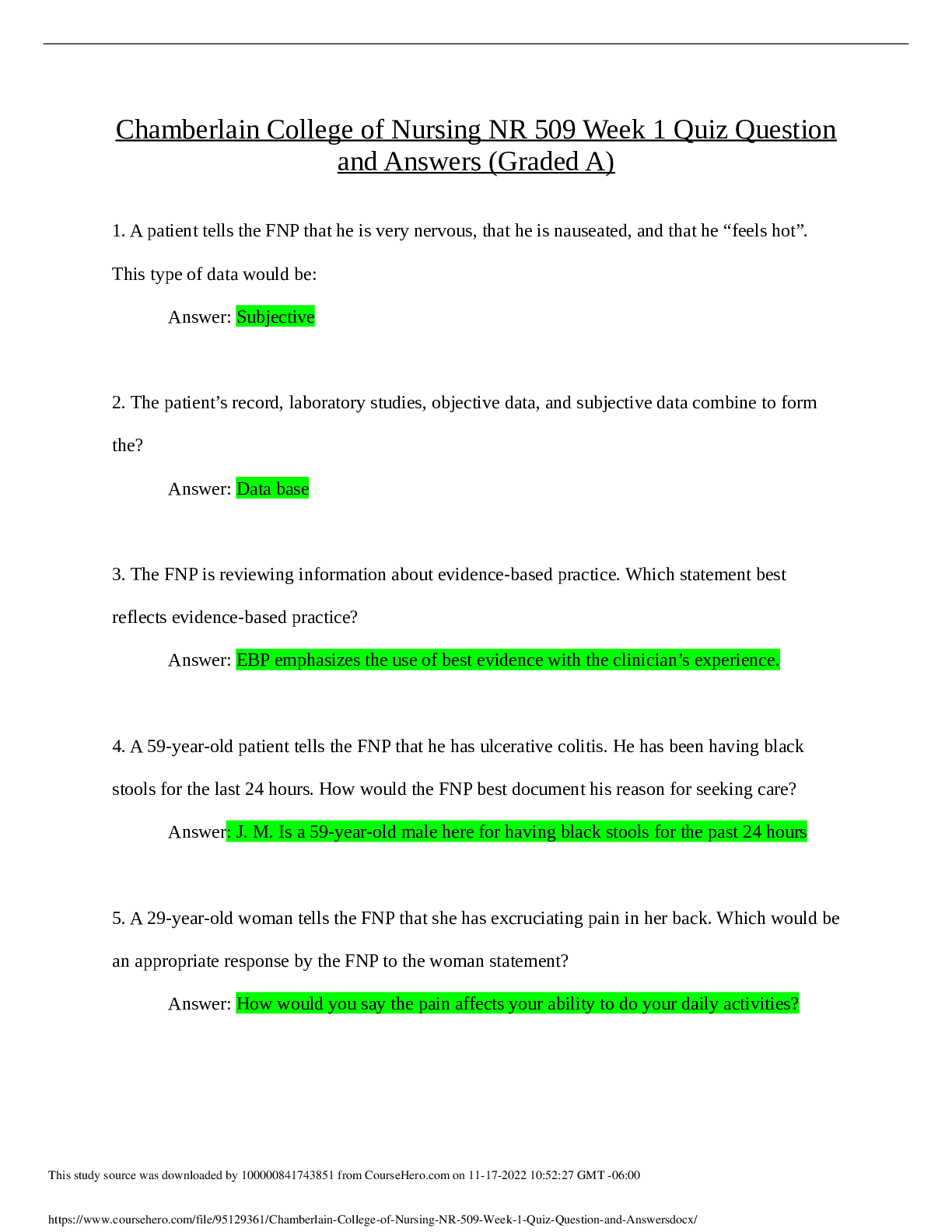Preview image for Chamberlain College of Nursing NR 509 Week 1 Quiz Question and Answers Final 2022